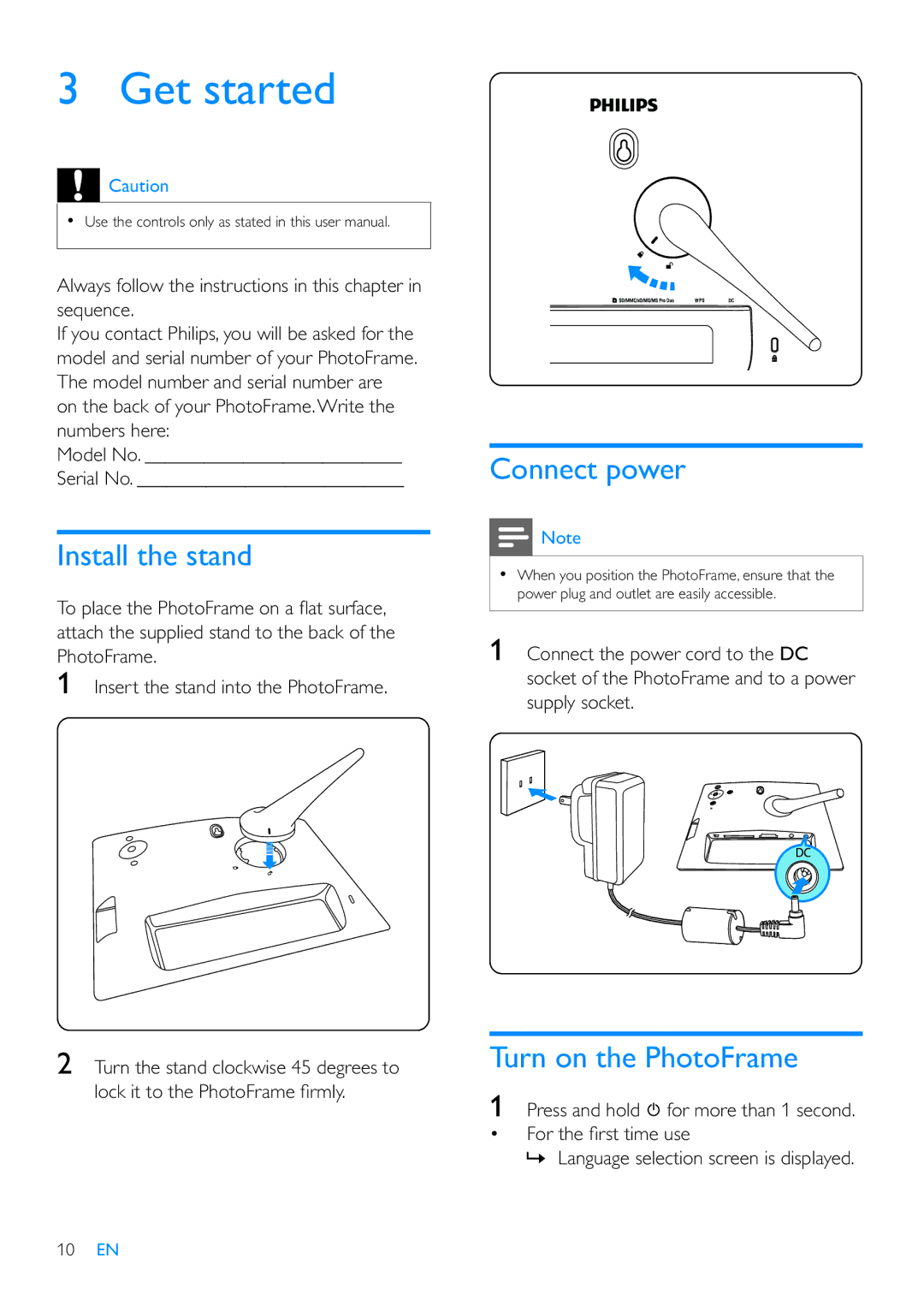 Philips SPF7210 user manual Install the stand, Connect power, Turn on the PhotoFrame 