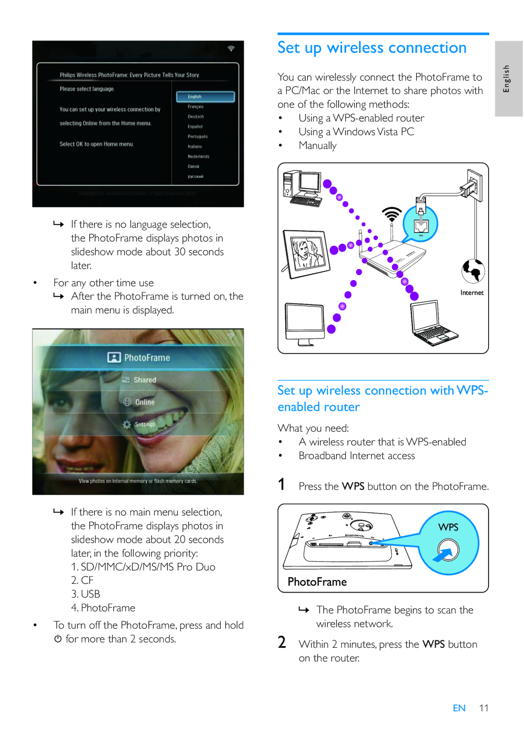 Philips SPF7210 user manual Set up wireless connection with WPS- enabled router 