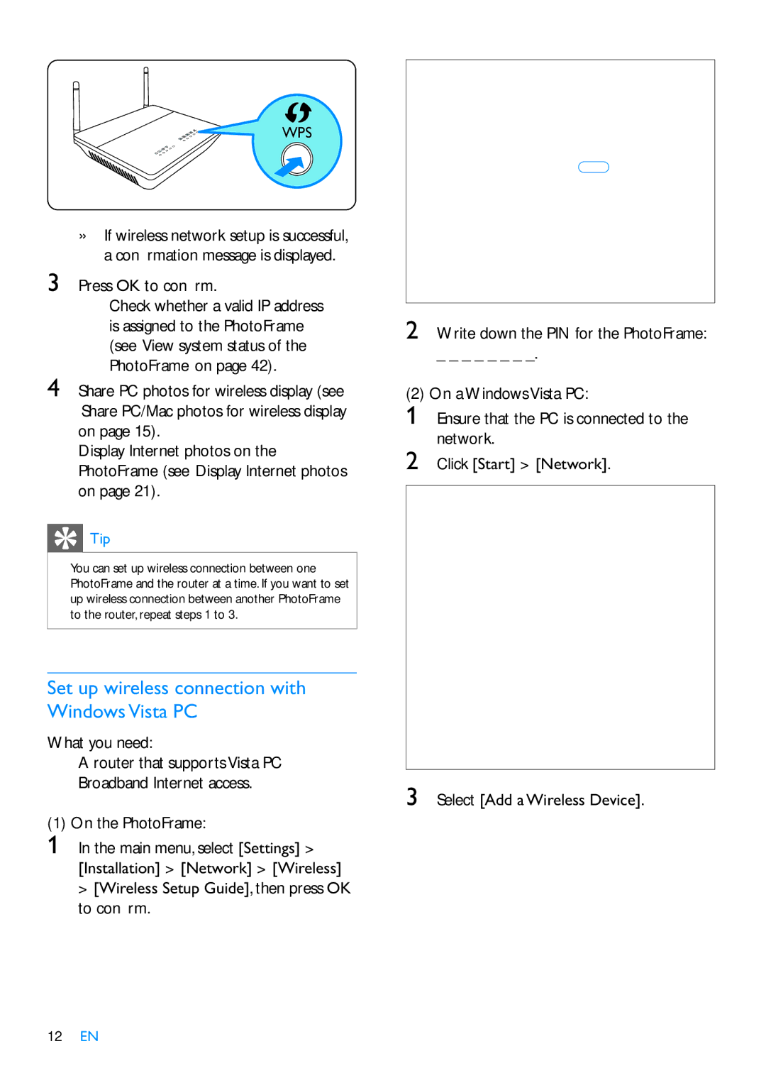 Philips SPF7210 user manual Set up wireless connection with WindowsVista PC, Press OK to conﬁ rm 