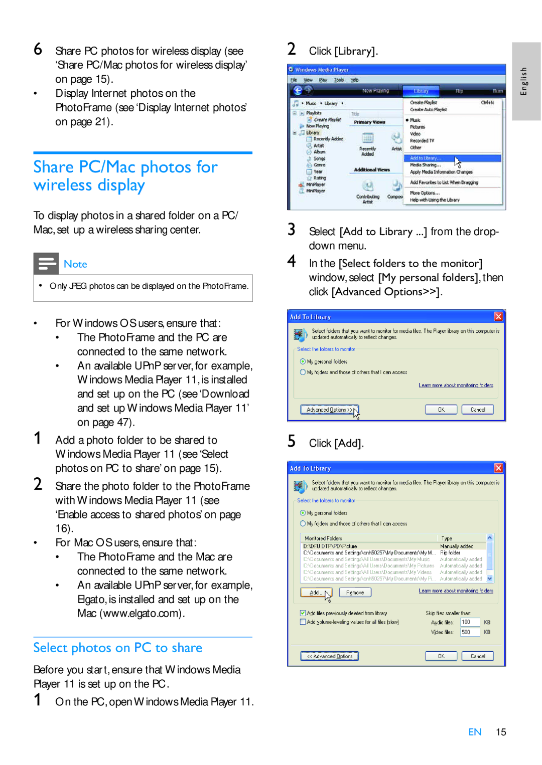 Philips SPF7210 Share PC/Mac photos for wireless display, Select photos on PC to share, For Windows OS users, ensure that 