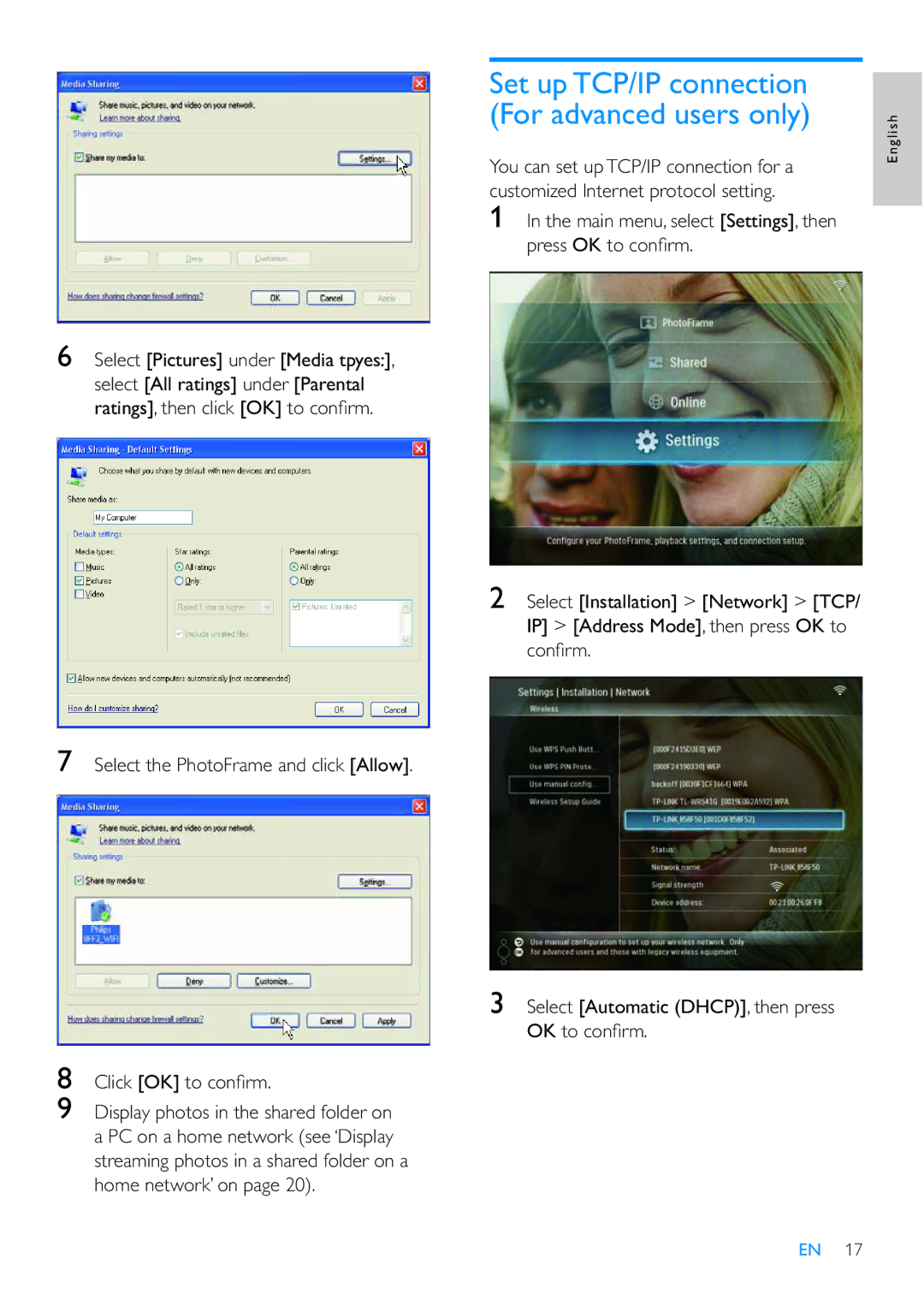 Philips SPF7210 user manual Set up TCP/IP connection For advanced users only 