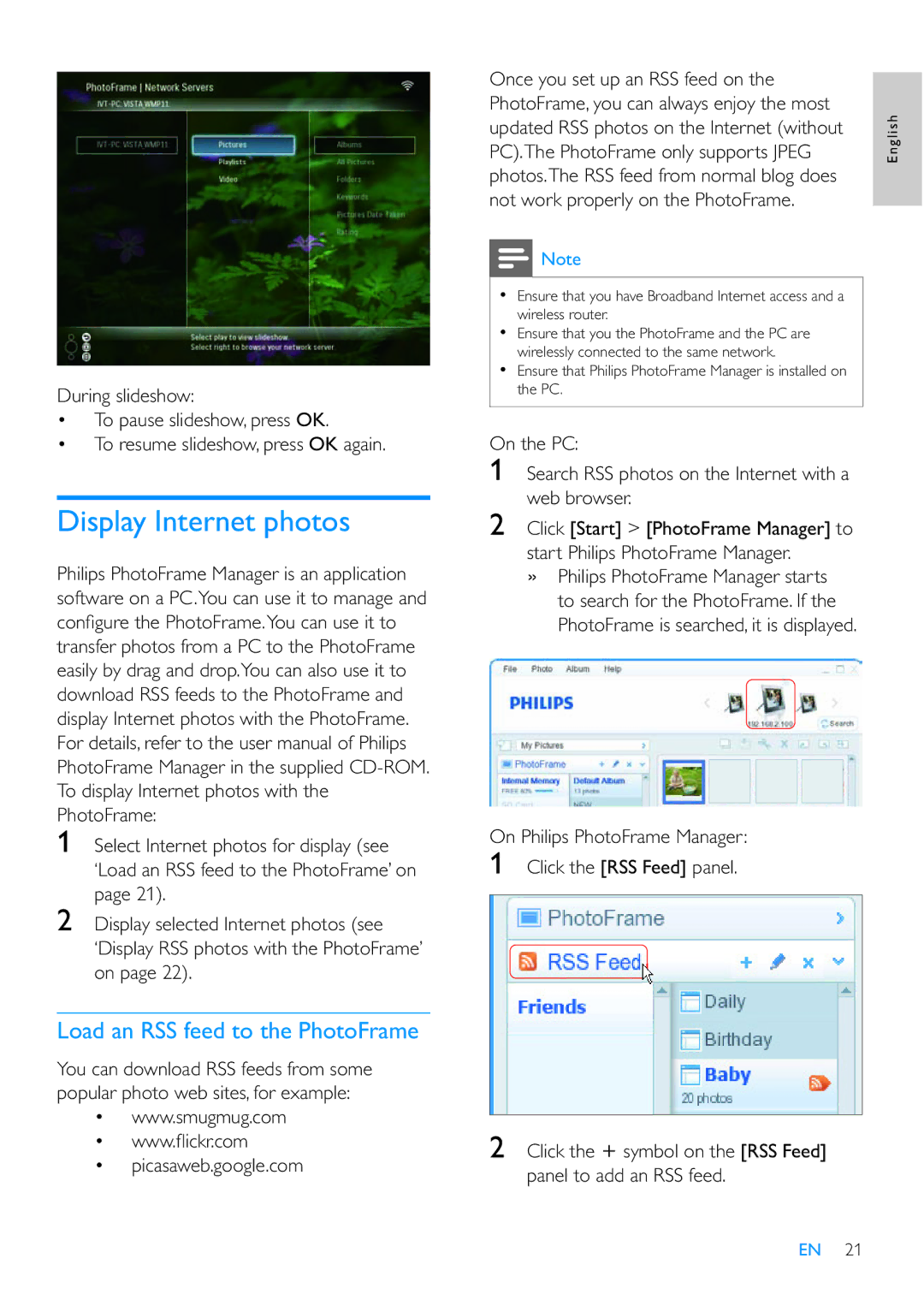 Philips SPF7210 user manual Display Internet photos, Load an RSS feed to the PhotoFrame, Picasaweb.google.com 