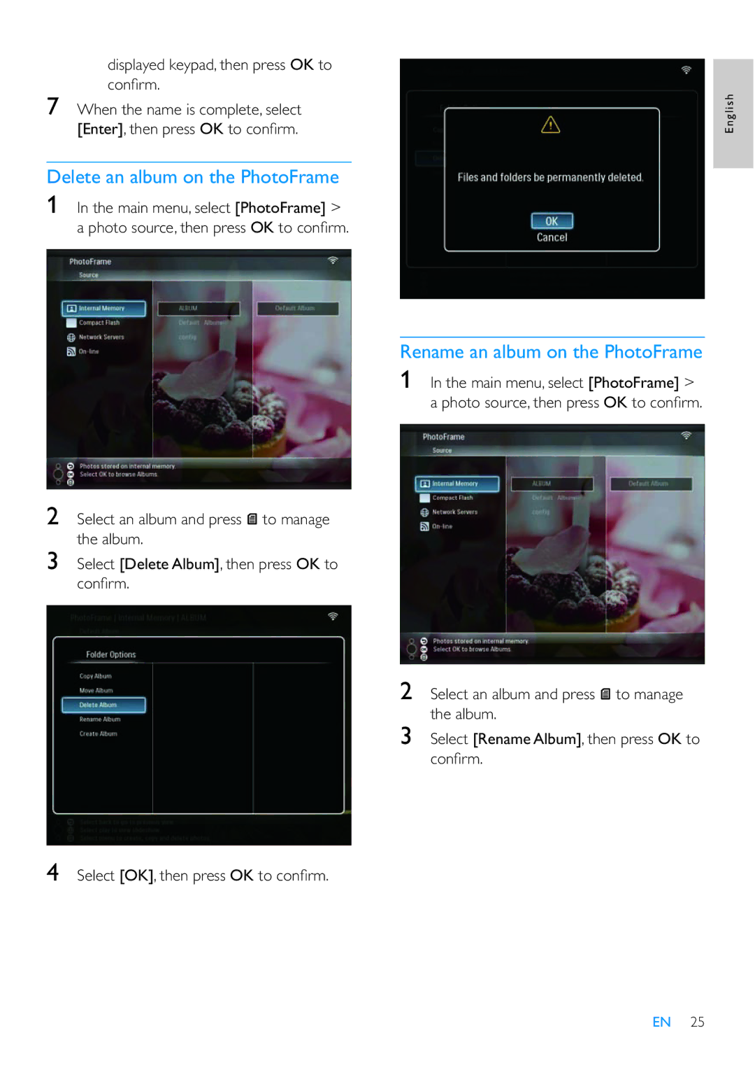 Philips SPF7210 user manual Delete an album on the PhotoFrame, Displayed keypad, then press OK to conﬁ rm 