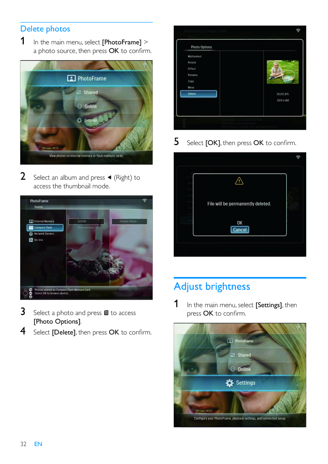 Philips SPF7210 user manual Adjust brightness, Delete photos 
