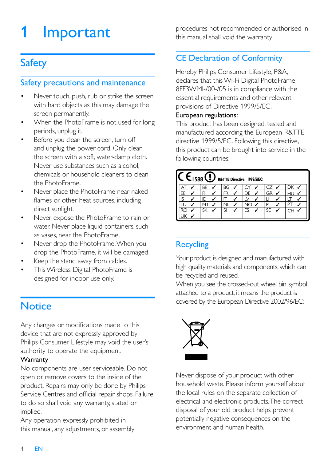 Philips SPF7210 user manual Safety precautions and maintenance, CE Declaration of Conformity, Recycling 