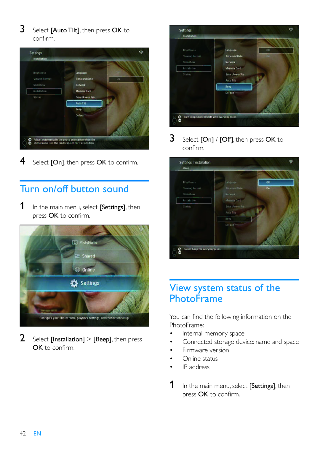 Philips SPF7210 user manual Turn on/off button sound, View system status of the PhotoFrame 