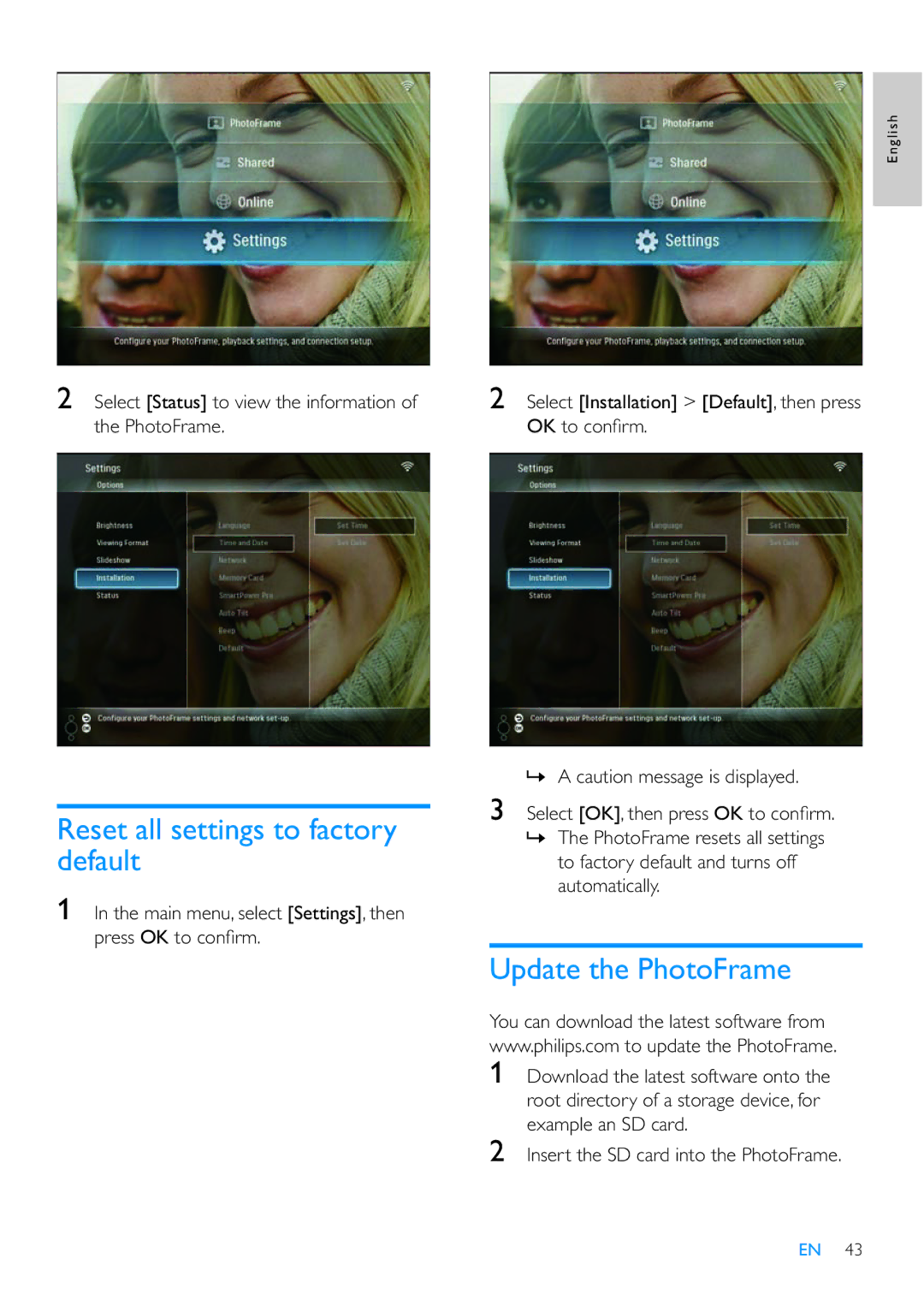 Philips SPF7210 user manual Reset all settings to factory default, Update the PhotoFrame 