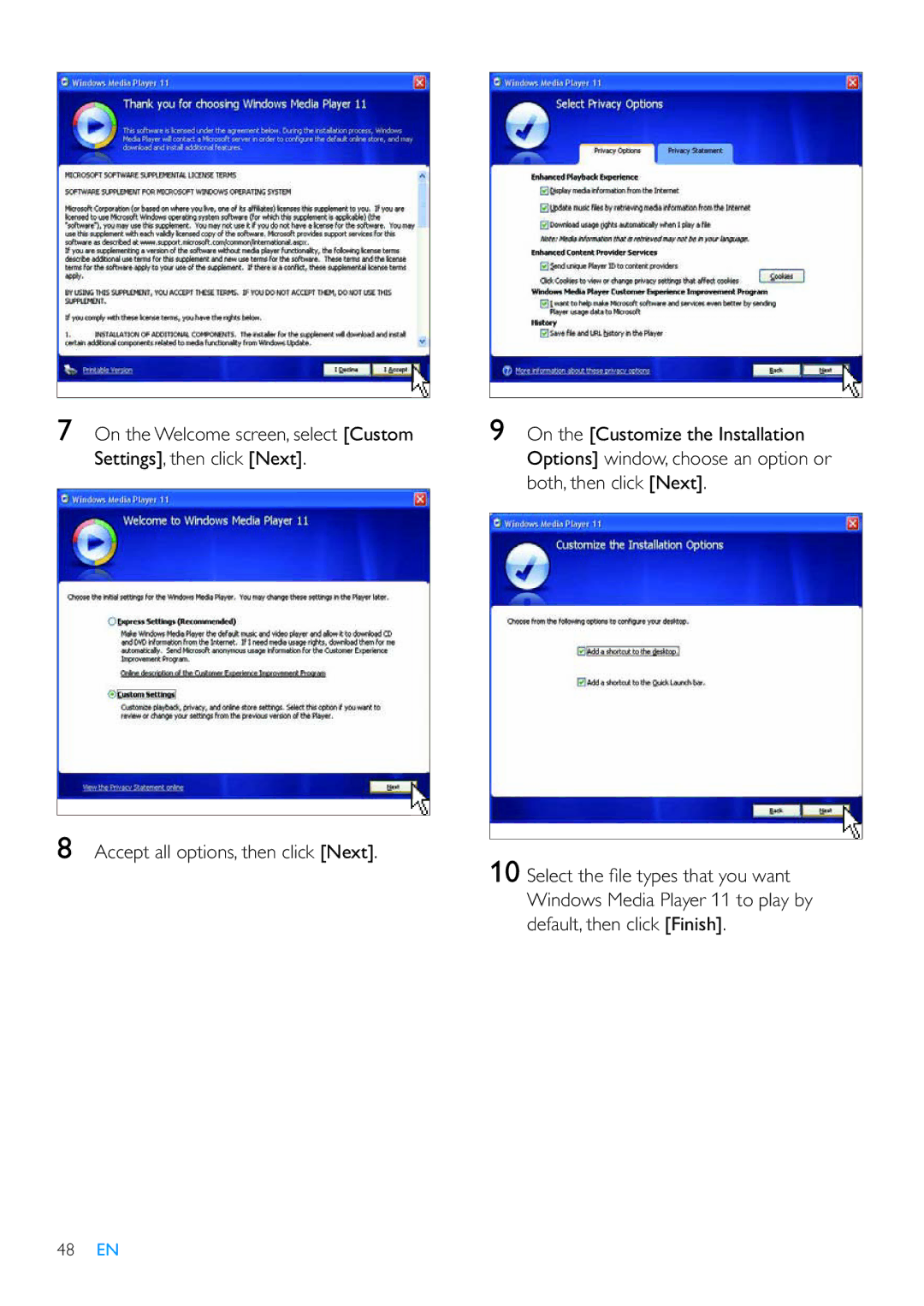 Philips SPF7210 user manual On the Customize the Installation, Settings, then click Next, Both, then click Next 