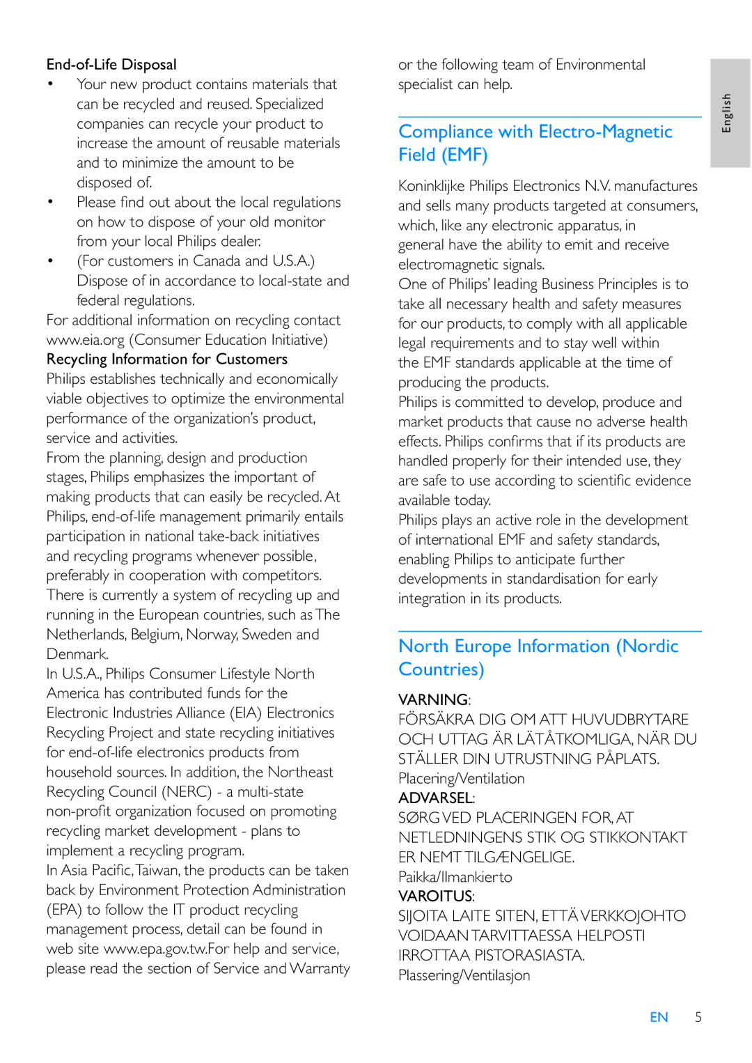 Philips SPF7210 user manual Compliance with Electro-Magnetic Field EMF, North Europe Information Nordic Countries 