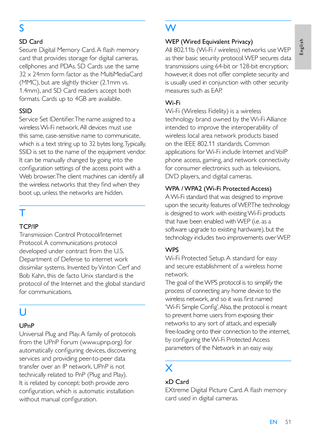 Philips SPF7210 user manual SD Card, UPnP, WEP Wired Equivalent Privacy, WPA / WPA2 Wi-Fi Protected Access 