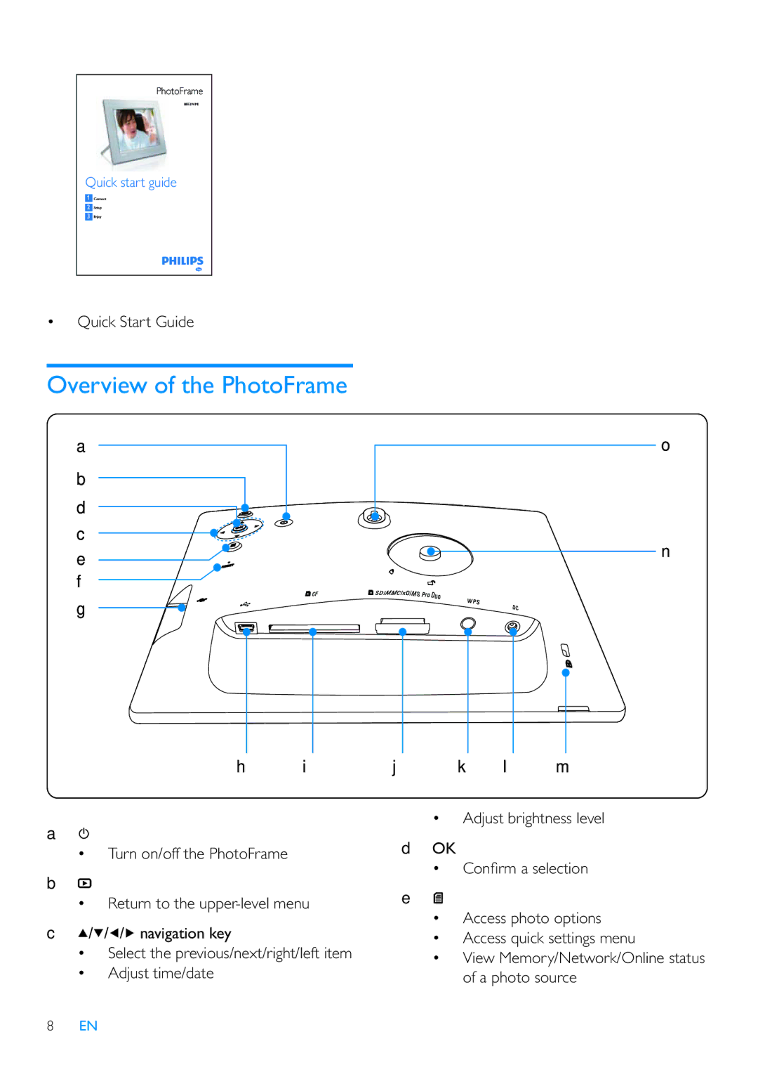 Philips SPF7210 Overview of the PhotoFrame, Quick Start Guide, Adjust brightness level, Adjust time/date A photo source 