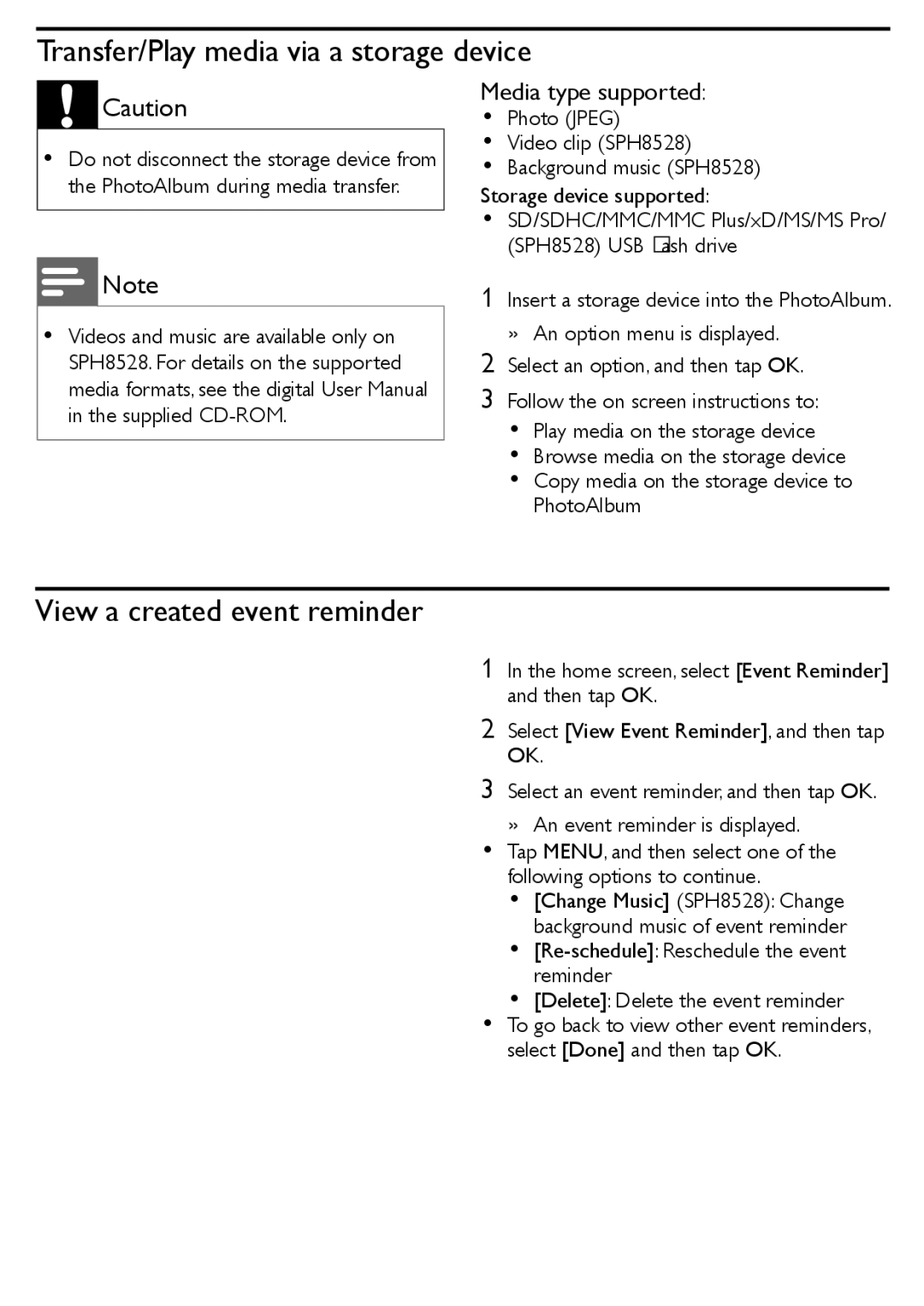 Philips SPH8528, SPH8428, SPH8408/10 quick start Transfer/Play media via a storage device, View a created event reminder 