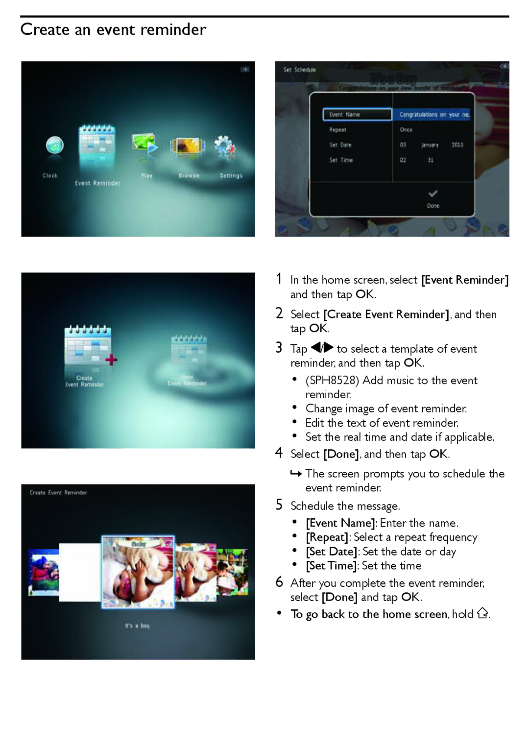 Philips SPH8408/10, SPH8428, SPH8528 quick start Create an event reminder 