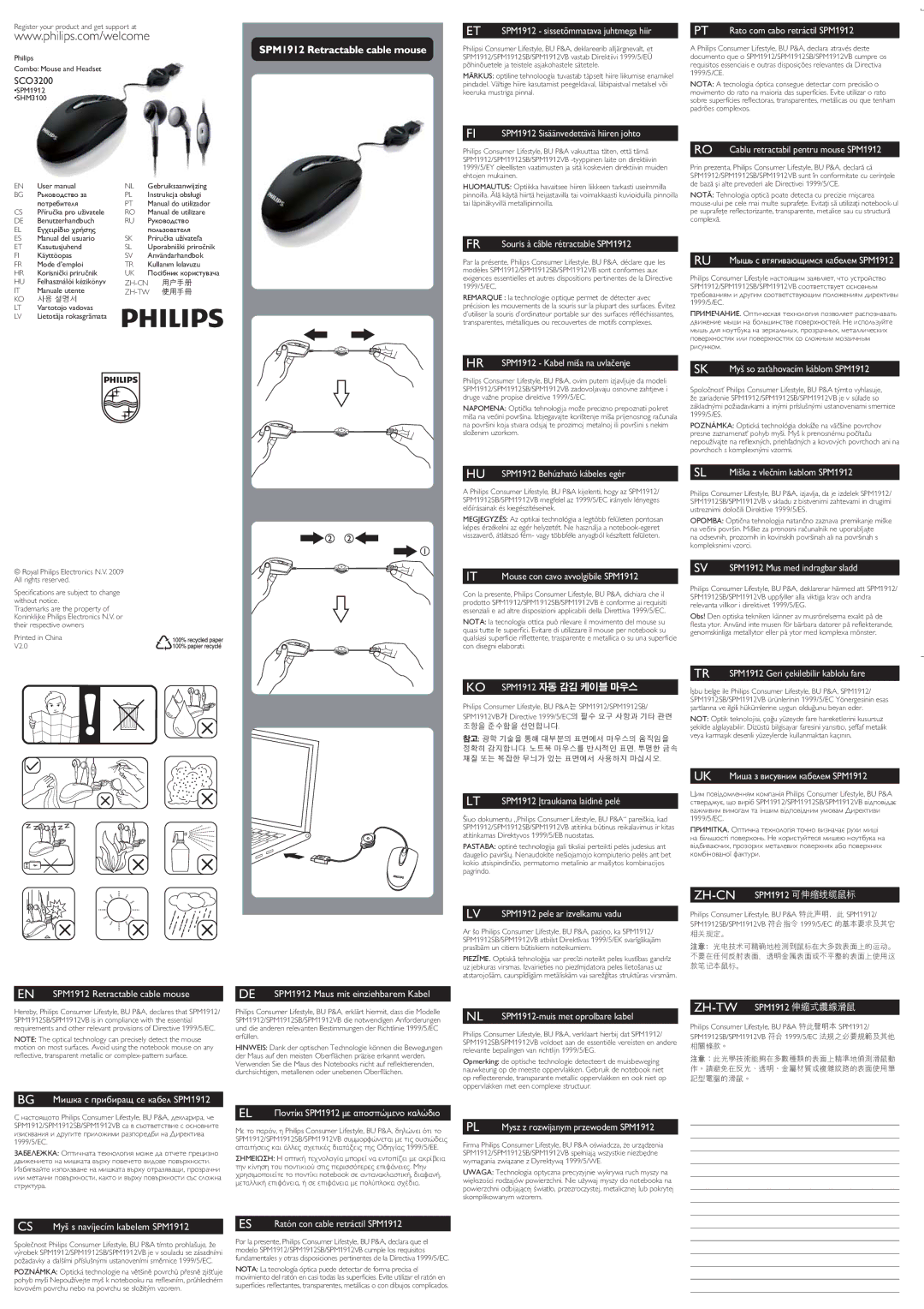 Philips manual do utilizador SPM1912 Sisäänvedettävä hiiren johto, Cablu retractabil pentru mouse SPM1912 