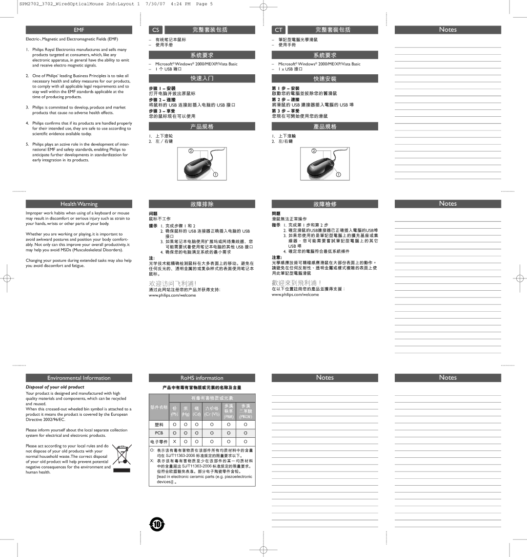 Philips SPM2702, SPM3702XB quick start Health Warning, Environmental Information, RoHS information 