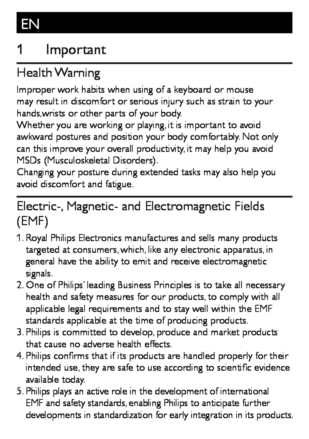 Philips SPM5910 user manual Health Warning 