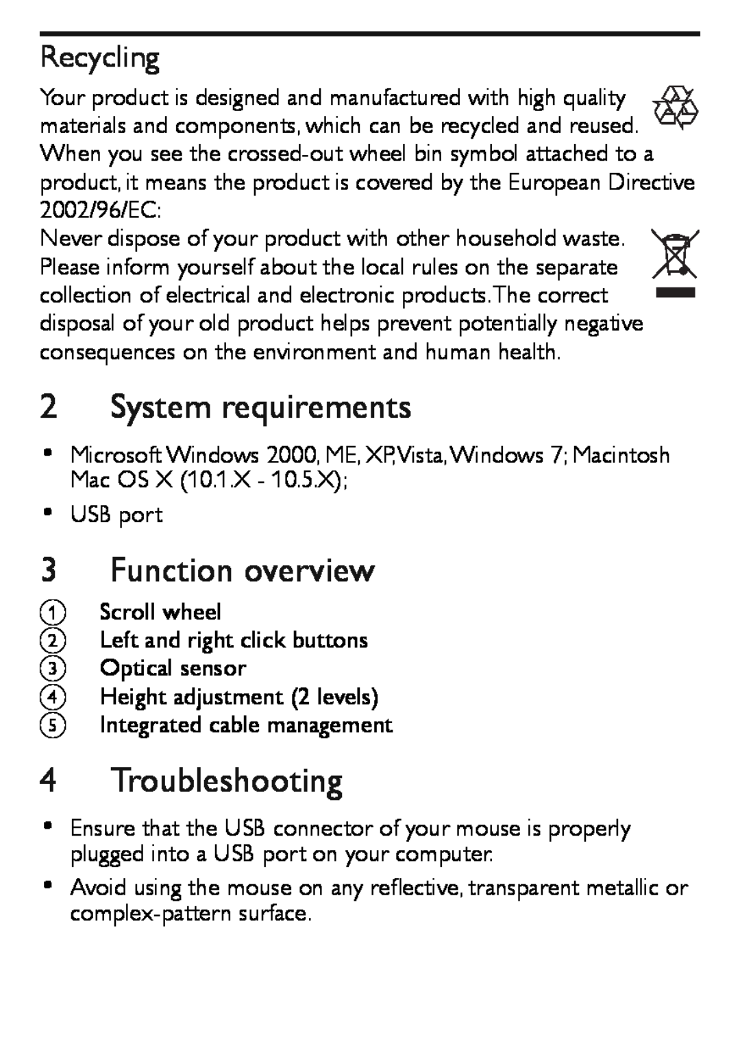 Philips SPM5910 user manual System requirements, Function overview, Troubleshooting, Recycling 