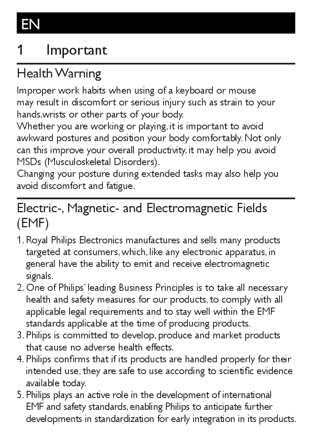 Philips SPM5910 user manual Health Warning, Electric-, Magnetic- and Electromagnetic Fields EMF 