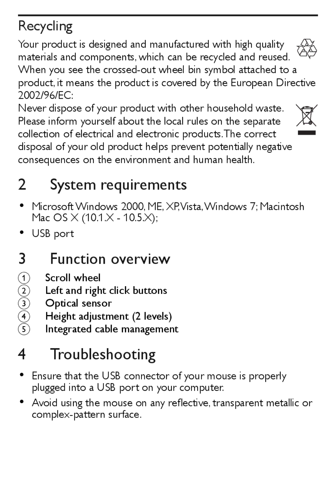 Philips SPM5910 user manual Function overview, Recycling 