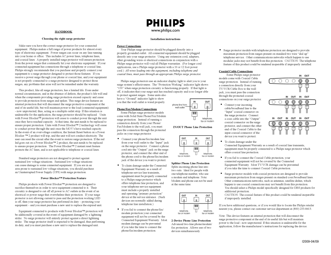 Philips SPP2284WA/17 installation instructions Choosing the right surge protector, Power Blocker Protection Feature 