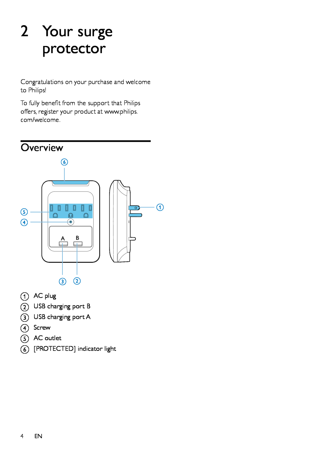 Philips SPP3038A user manual 2Your surge protector, Overview 