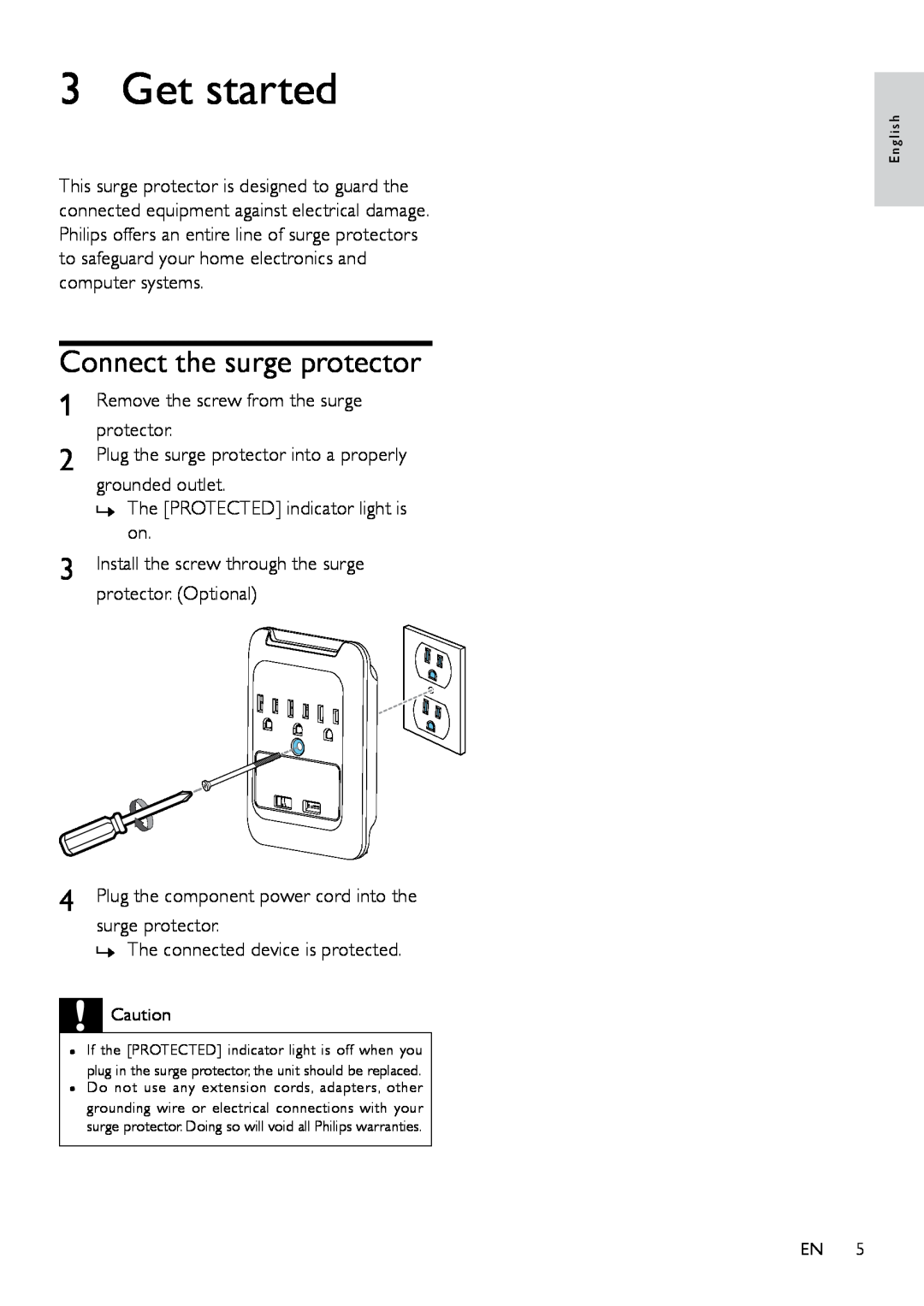Philips SPP3038A user manual Get started, Connect the surge protector 