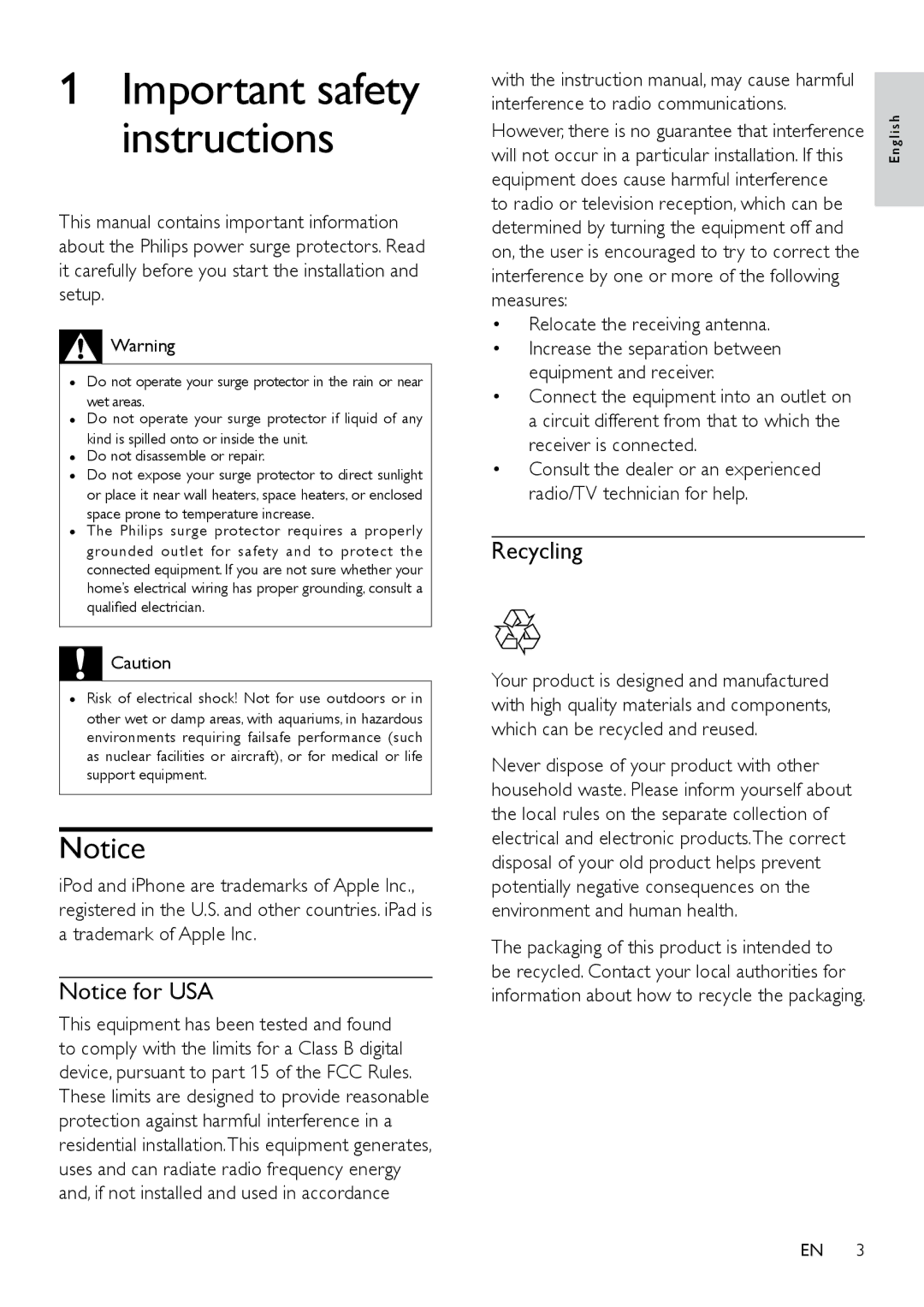 Philips SPP3038A user manual Important safety instructions 