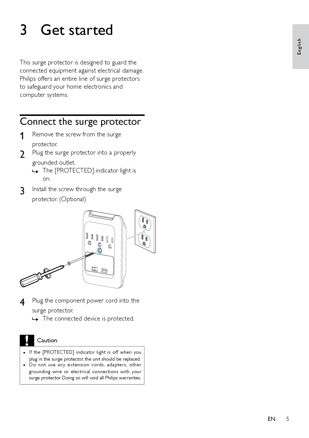 Philips SPP3038A user manual Get started, Connect the surge protector 