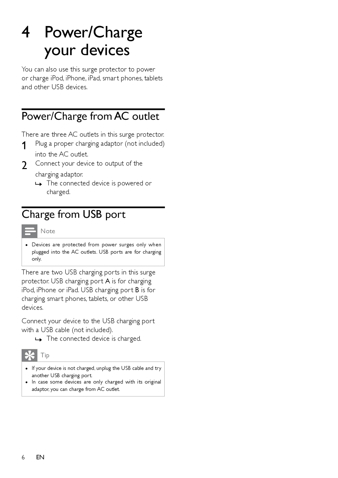 Philips SPP3038A user manual Power/Charge your devices, Power/Charge from AC outlet, Charge from USB port 