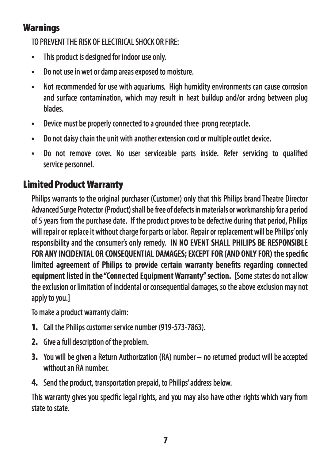 Philips SPP4200WA/17, SPP4210WA/17, SPP4220WA/17 owner manual Warnings, Limited Product Warranty 