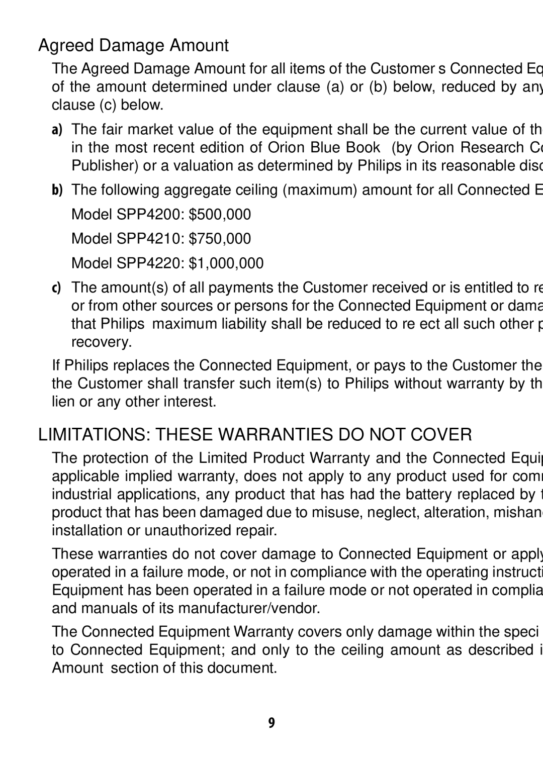 Philips SPP4220WA/17, SPP4210WA/17, SPP4200WA/17 owner manual Agreed Damage Amount, Limitations These Warranties do not Cover 