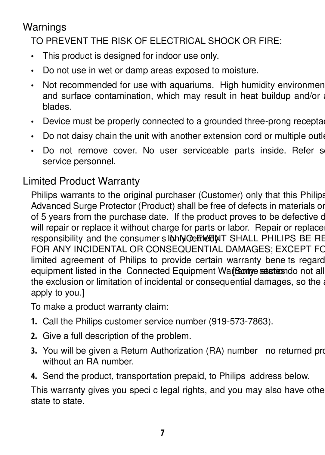 Philips SPP4200WA/17, SPP4210WA/17, SPP4220 Limited Product Warranty, To Prevent the Risk of Electrical Shock or Fire 