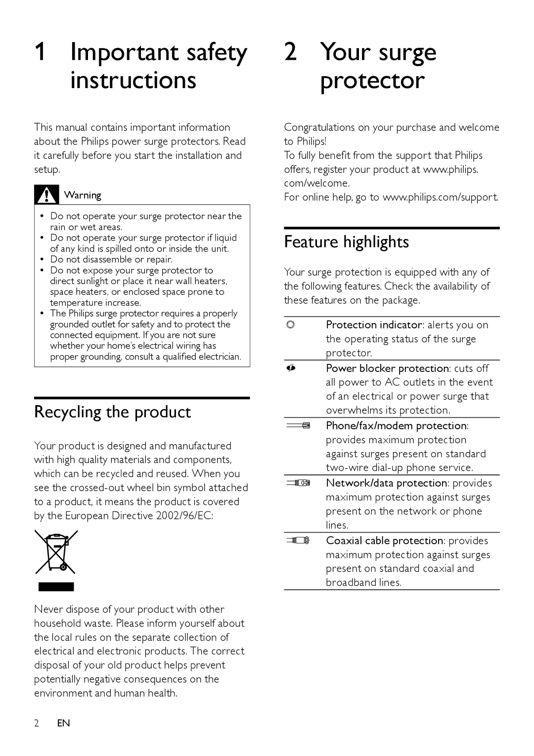 Philips SPP5126A/17 manual Recycling the product, Feature highlights 