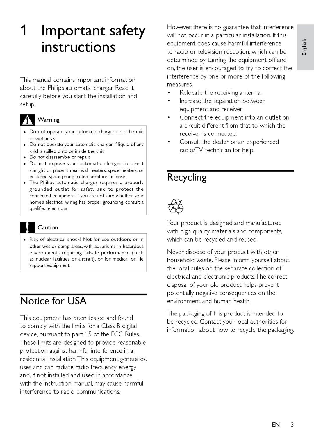 Philips SPS8010B/17 user manual Important safety instructions, Recycling 