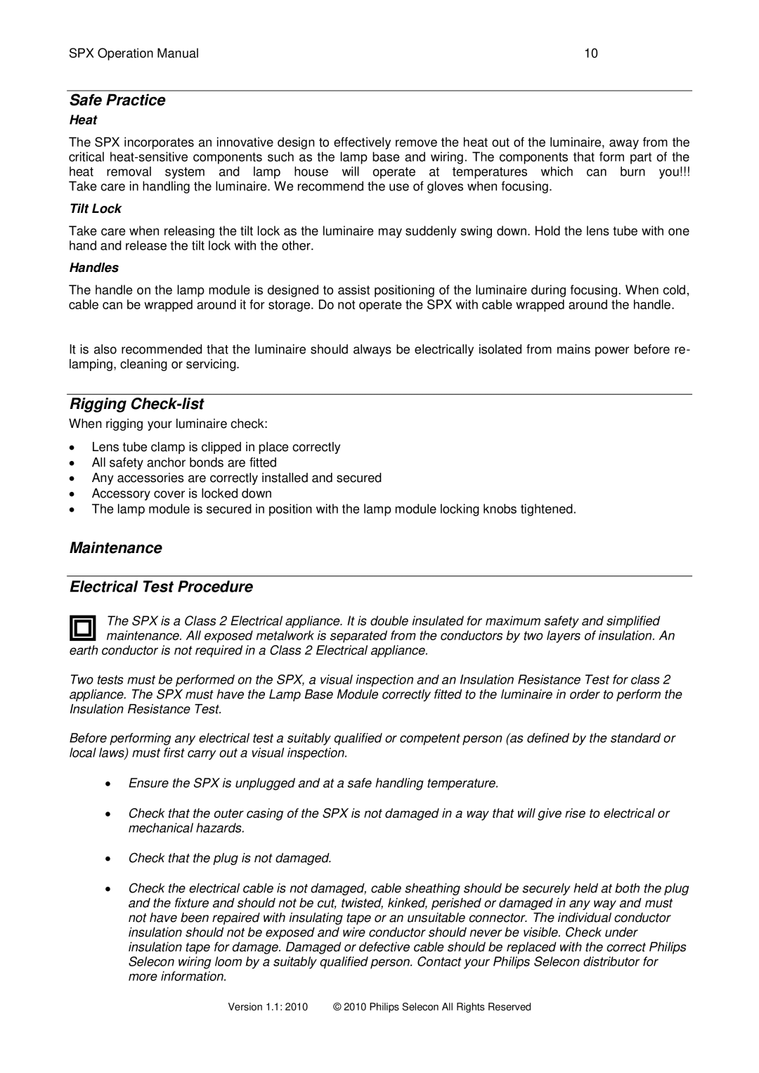 Philips SPX 15-35 operation manual Safe Practice, Rigging Check-list, Maintenance Electrical Test Procedure 