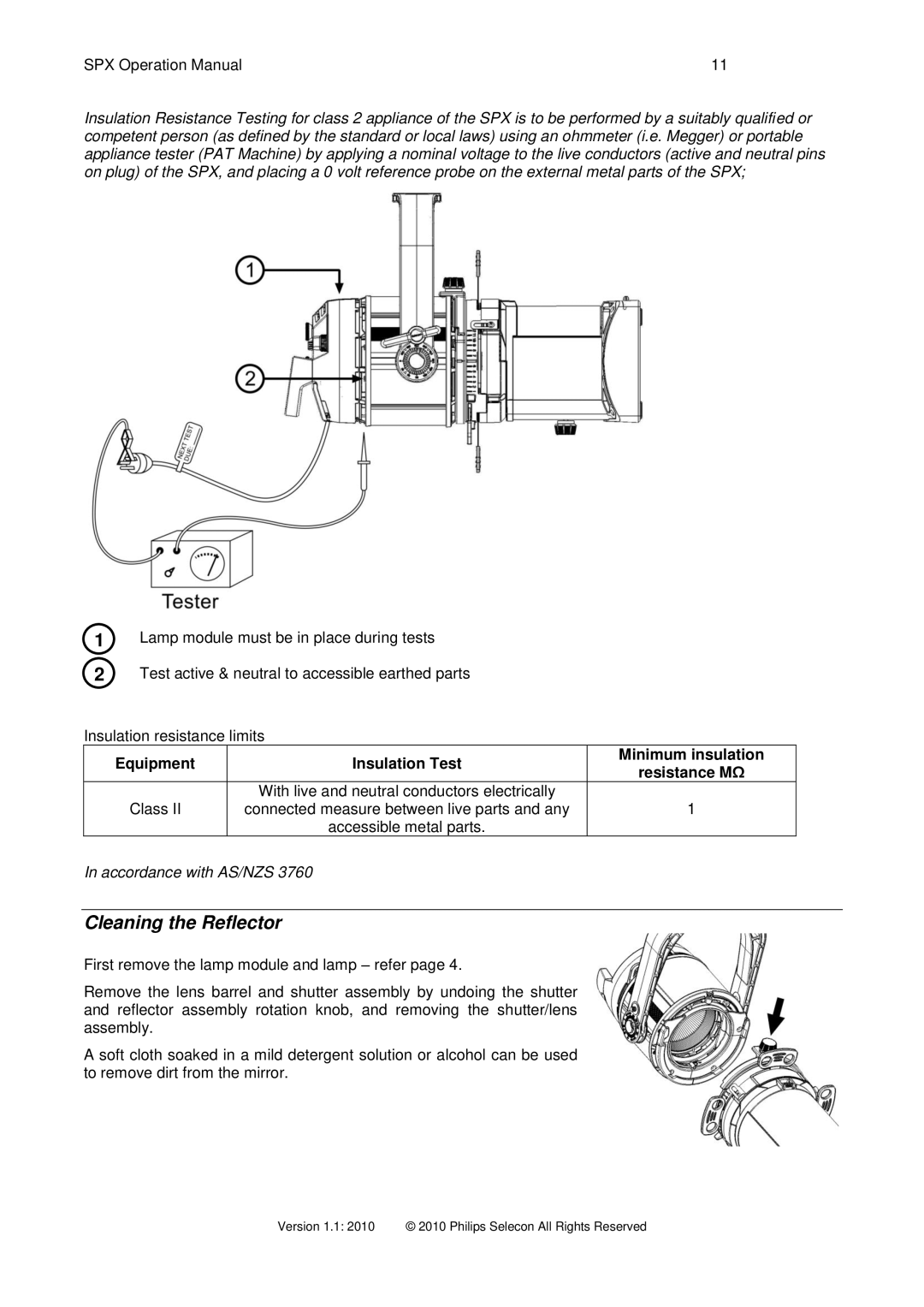 Philips SPX 15-35 operation manual Cleaning the Reflector, Equipment Insulation Test Minimum insulation Resistance MΩ 