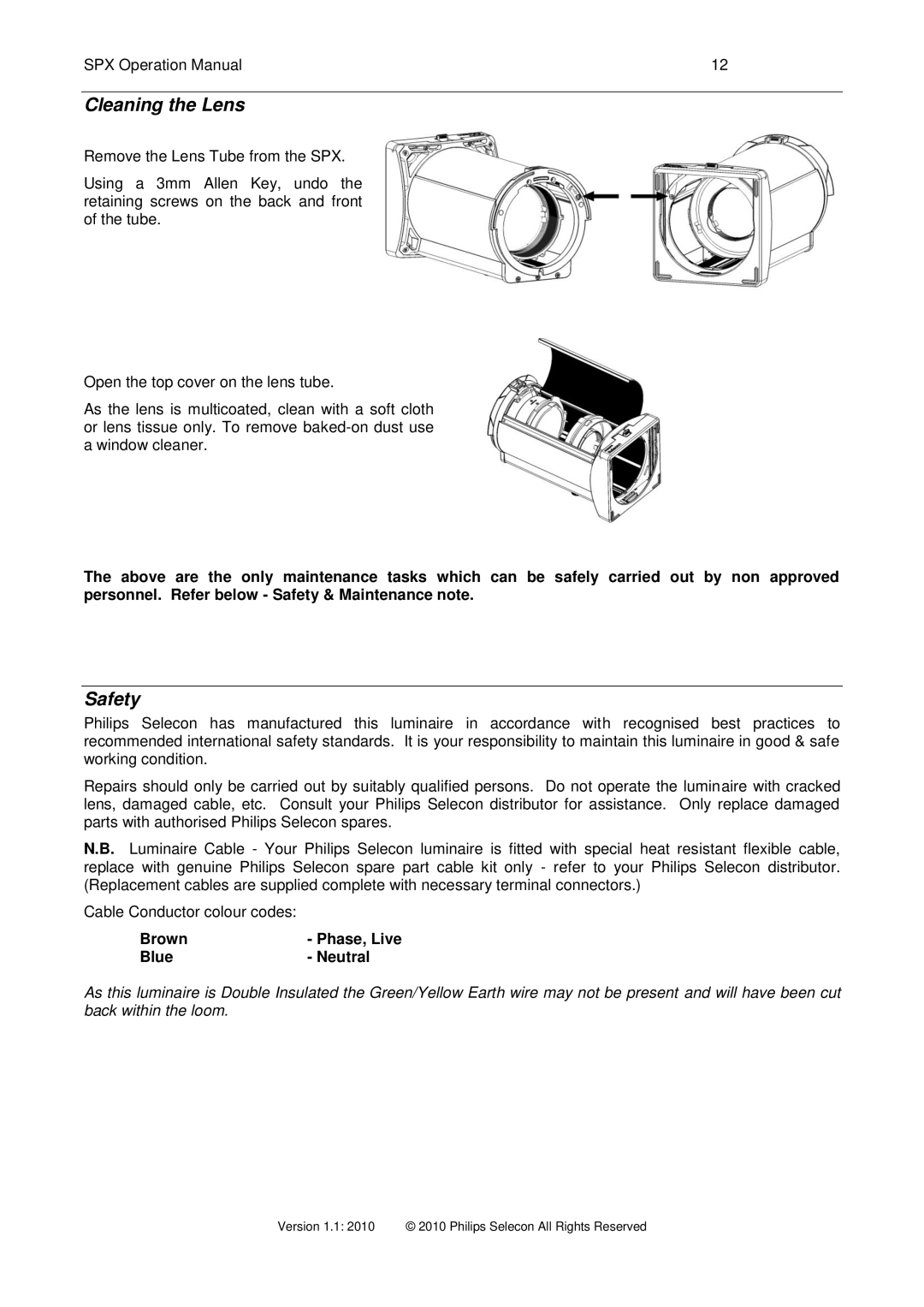 Philips SPX 15-35 operation manual Cleaning the Lens, Safety, Cable Conductor colour codes Brown, Blue Neutral 