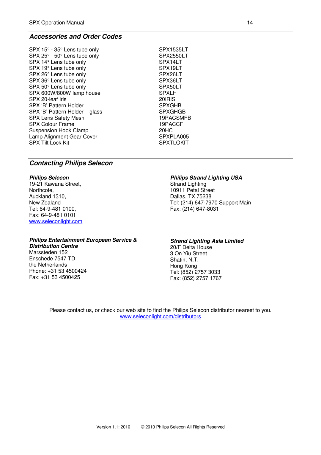 Philips SPX Accessories and Order Codes, Contacting Philips Selecon, Philips Selecon Philips Strand Lighting USA 