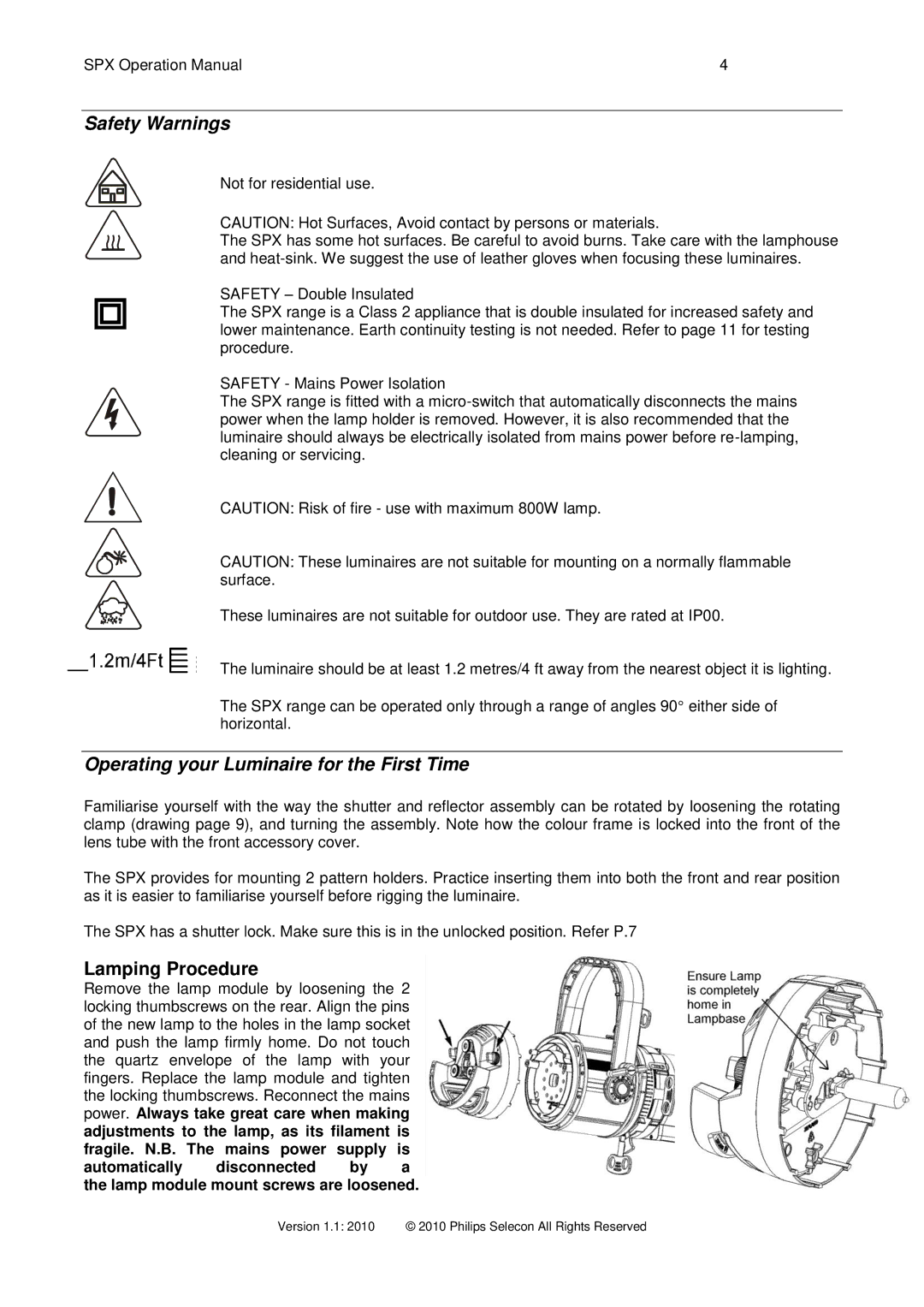 Philips SPX 15-35 operation manual Safety Warnings, Operating your Luminaire for the First Time 