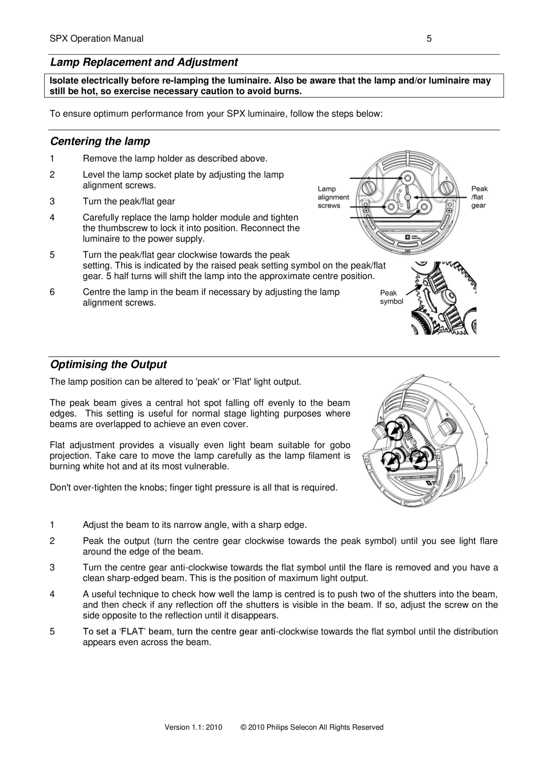 Philips SPX 15-35 operation manual Lamp Replacement and Adjustment, Centering the lamp, Optimising the Output 