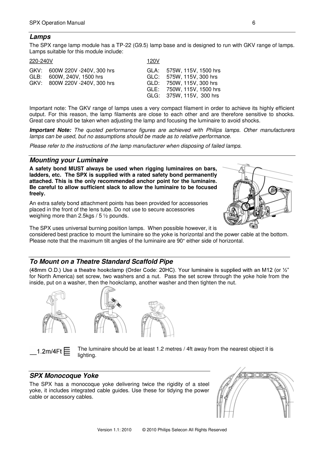 Philips SPX 15-35 Lamps, Mounting your Luminaire, To Mount on a Theatre Standard Scaffold Pipe, SPX Monocoque Yoke 