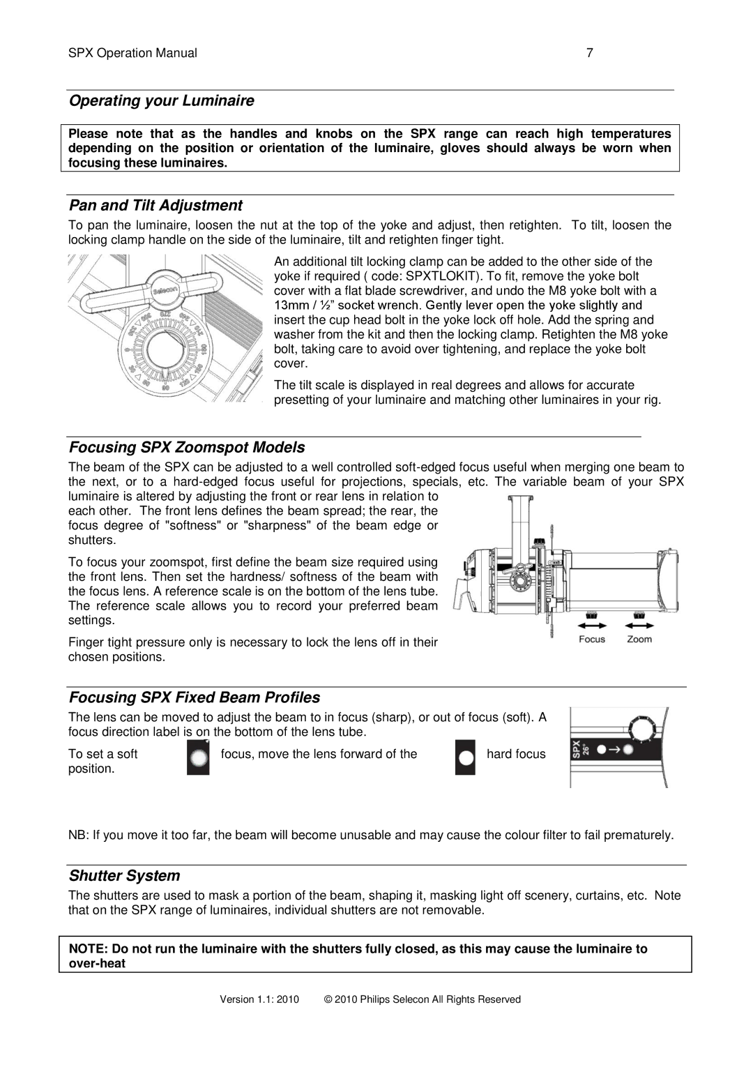 Philips SPX 15-35 Operating your Luminaire, Pan and Tilt Adjustment, Focusing SPX Zoomspot Models, Shutter System 