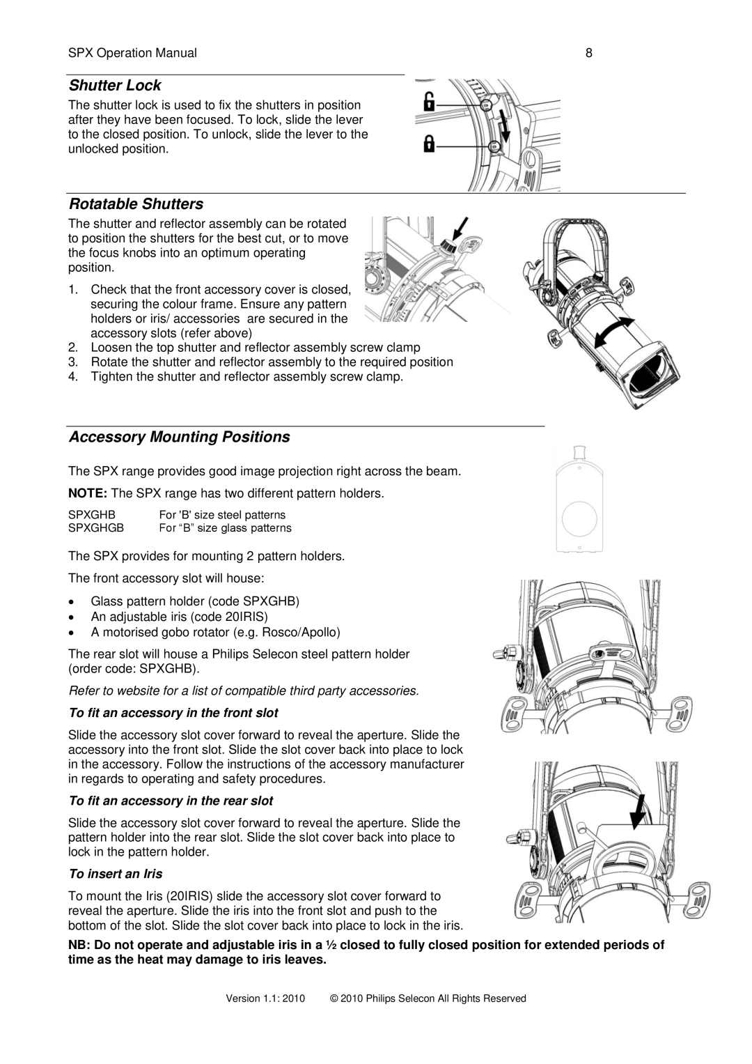 Philips SPX 15-35 operation manual Shutter Lock, Rotatable Shutters, Accessory Mounting Positions 