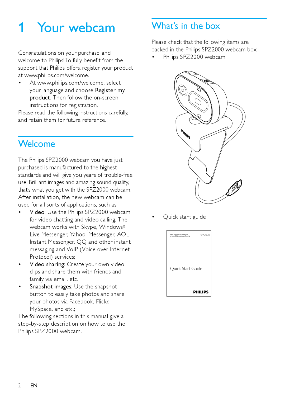 Philips SPZ2000 user manual Your webcam, Welcome, What’s in the box 