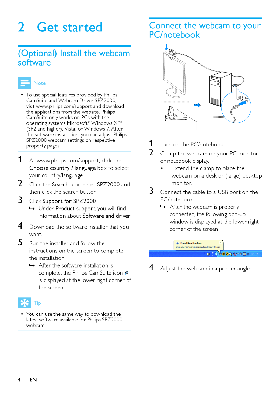 Philips SPZ2000 user manual Get started, Optional Install the webcam software, Connect the webcam to your PC/notebook 