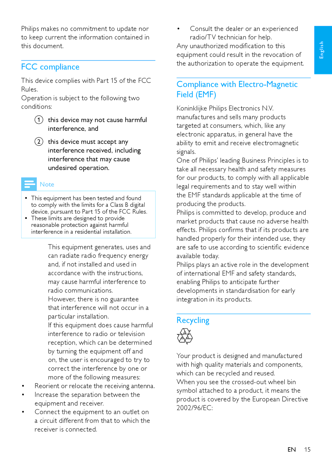 Philips SPZ2000 user manual FCC compliance, Compliance with Electro-Magnetic Field EMF, Recycling 