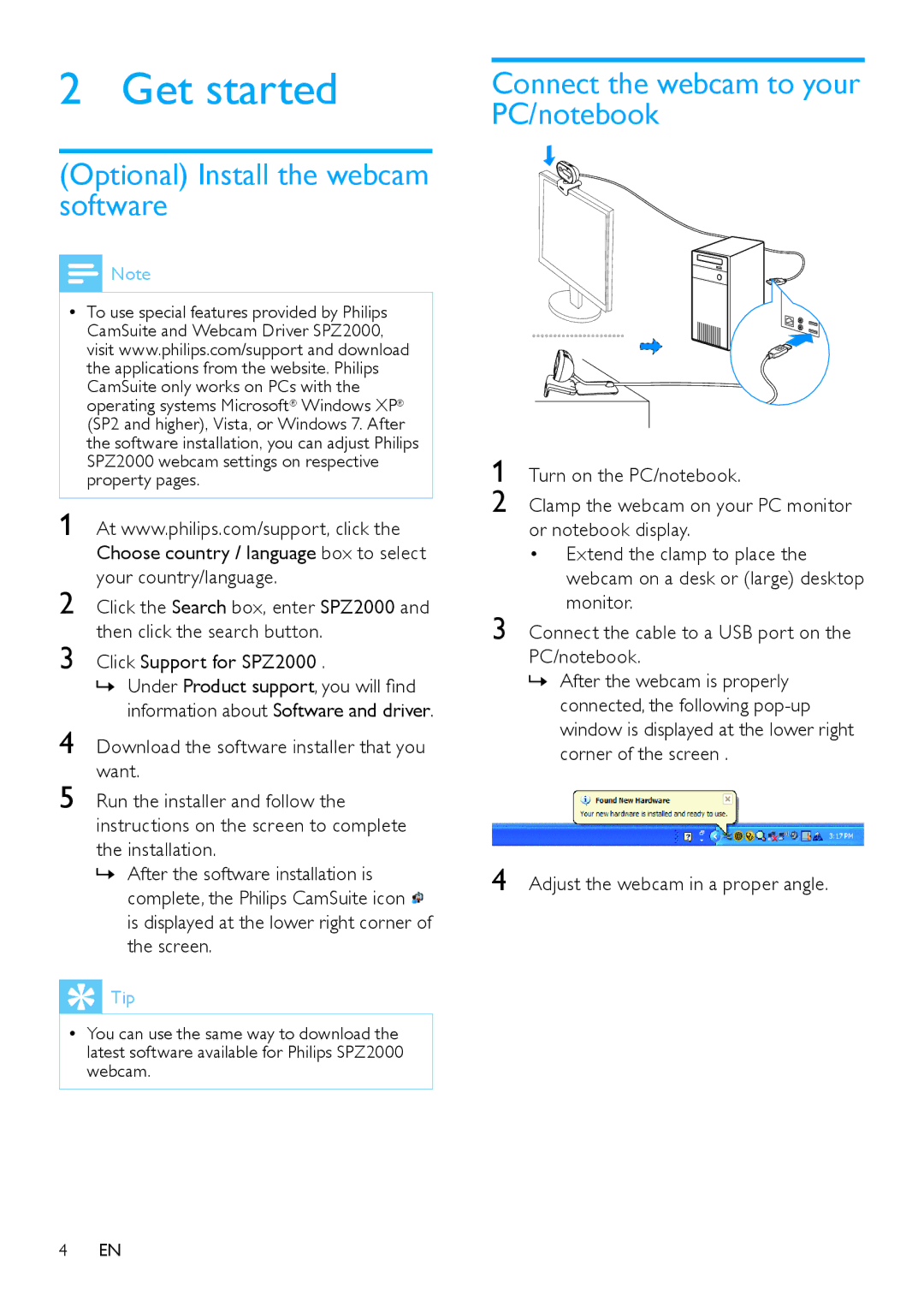 Philips SPZ2000 user manual Get started, Optional Install the webcam software, Connect the webcam to your PC/notebook 