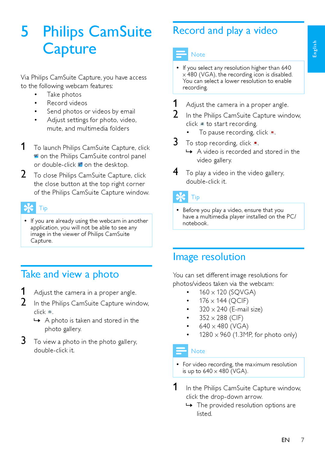 Philips SPZ2000 user manual Take and view a photo, Record and play a video, Image resolution 