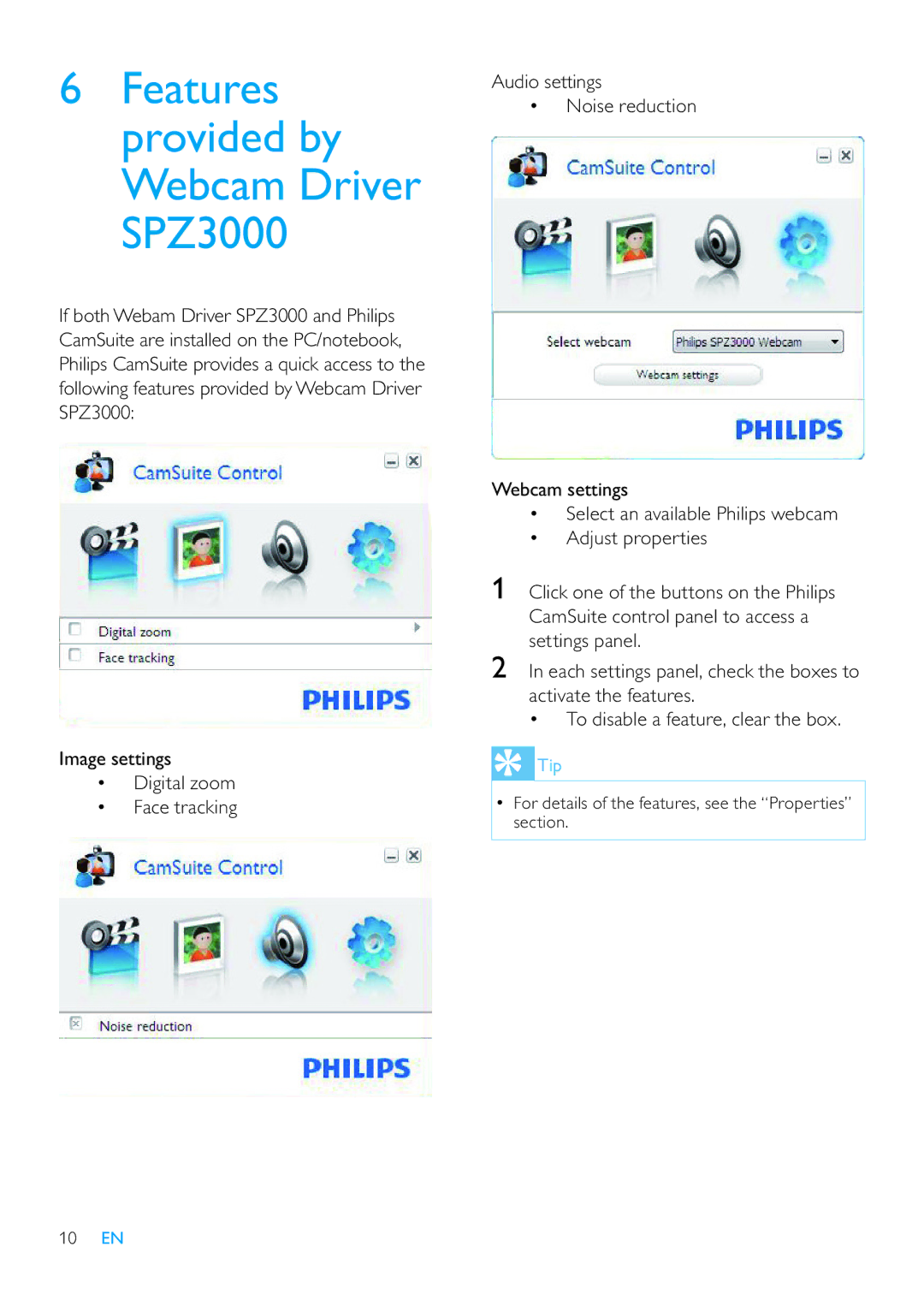 Philips SPZ3000/00 user manual Features provided by Webcam Driver SPZ3000 