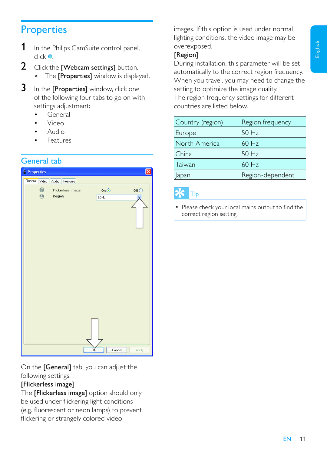 Philips SPZ3000/00 user manual Properties, General tab, Philips CamSuite control panel, click 